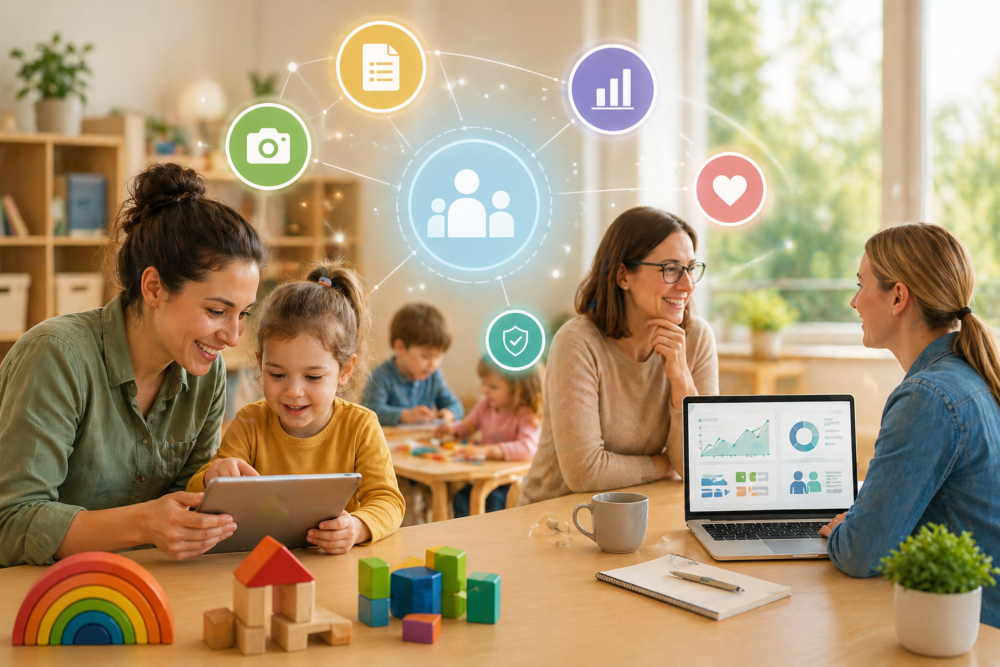 Beratungssituation in einer Kita mit digitalen Arbeitsmitteln