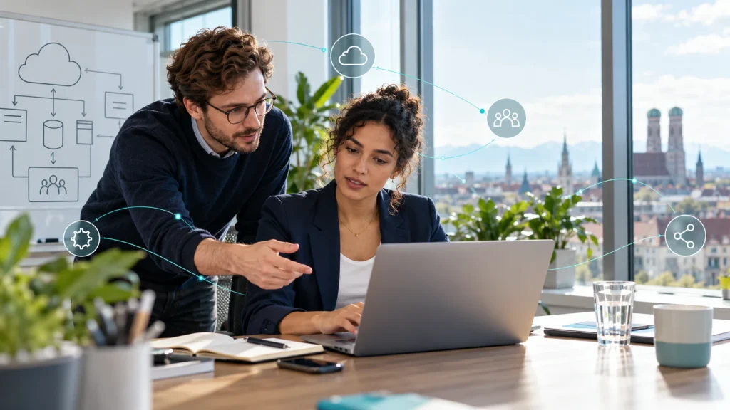 KI-generiertes Bild: Technische Zusammenarbeit beim Einführen und Betreuen digitaler Anwendungen.
