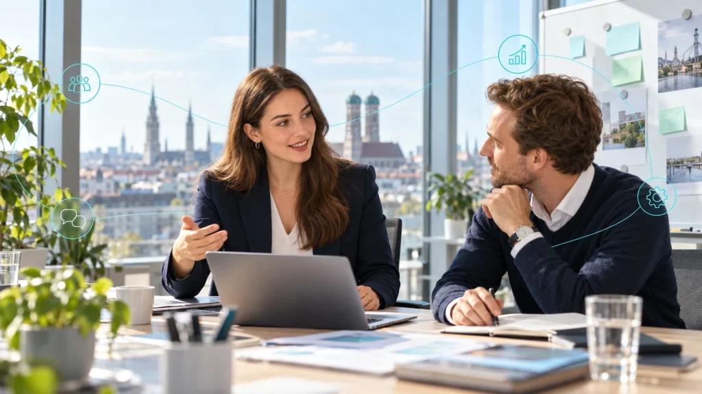 KI-generiertes Bild: Beratungsgespräch zu Digitalisierung und KI in einem Münchner Büro.