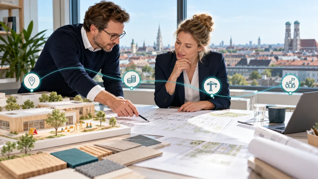 KI-generiertes Bild: Projektentwicklung eines neuen Kita-Standorts mit Plänen und Gebäudemodell.
